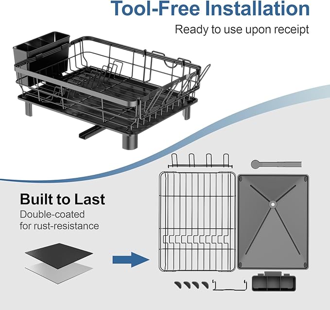 GSlife 2 in Set of Dish Drying Rack and Sink Caddy - Dish Rack for Kitchen Counter with Slots, Utensil Holder, Cup Holder, Cutting Board Holder, Black