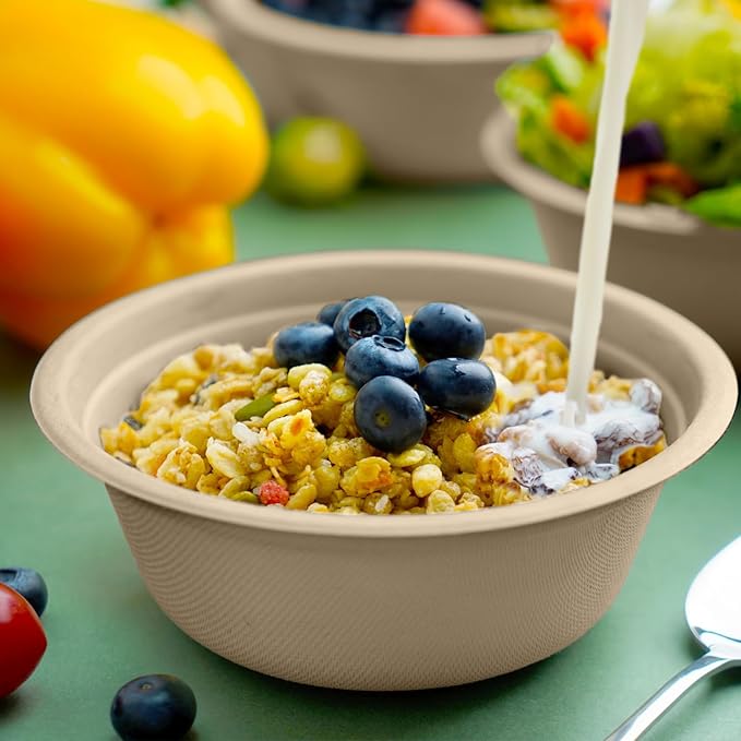 200 Count 16 oz Paper Bowls, Disposable Compostable Bowls, Heavy Duty Biodegradable Sugarcane Bagasse Bowl for Breakfast, Salad, Fruits, Desserts, Natural