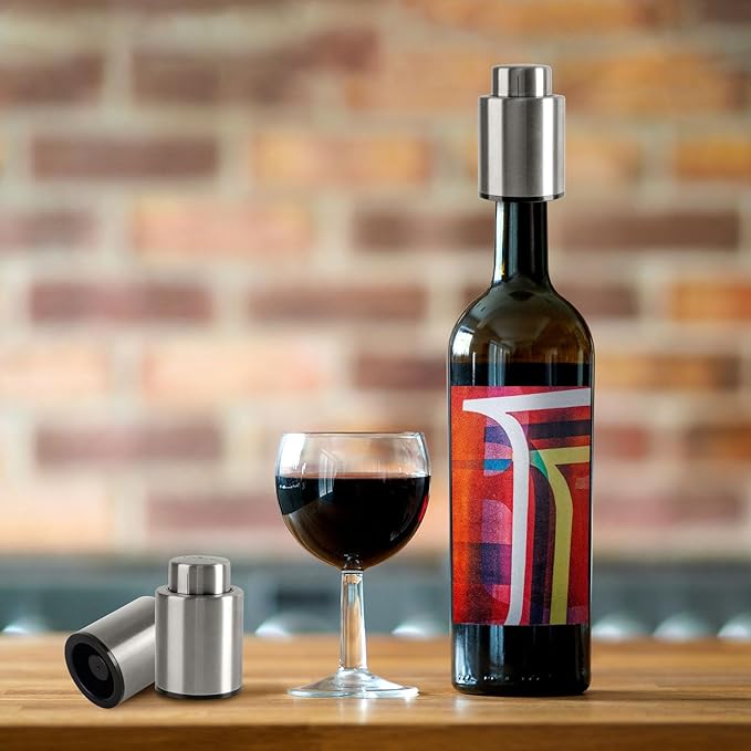 Volkee Wine stoppers vacuum, Wine saver for wine bottles, Wine preserver keep wine fresh, Rescuable wine caps for bottles, Stainless Steel [2 Pack]