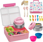 Bento Lunch Box with 9.5 oz Soup Thermo, Kids Leakproof 4 Compartments Bento Box with Silicone Cupcake,Fruit Fork,Spoon and Sauce Cup,Insulated Food Jar for School Travel-Rainbow Horse
