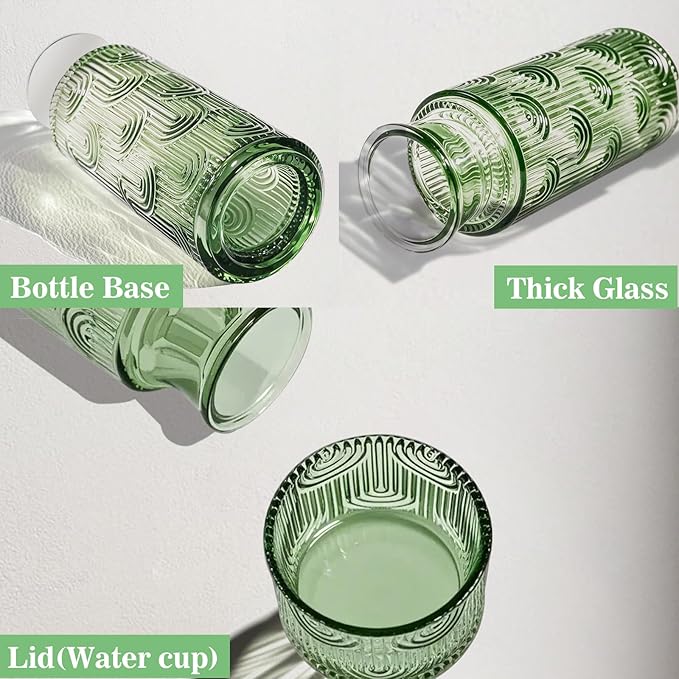 Bedside Water Carafe and Glass Set, 21.6oz Water Carafe with 6oz Glass Cup with Lid, Green