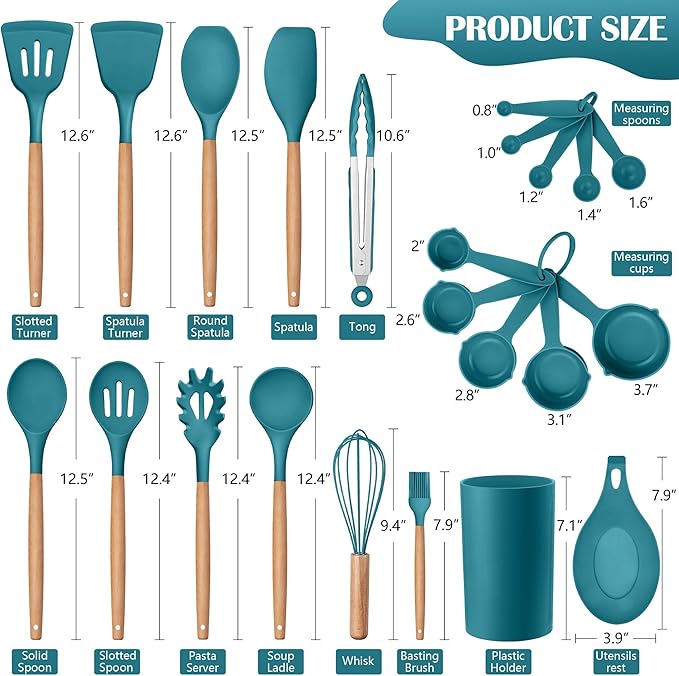 HaWare Kitchen Cooking Utensils Set, 23-Piece Silicone Kitchen Utensils Spatula Set with Holder, Heat Resistant Wooden Handle Kitchen Gadget for Nonstick Cookware, Food-grade Turner Spoon Sets (Blue)