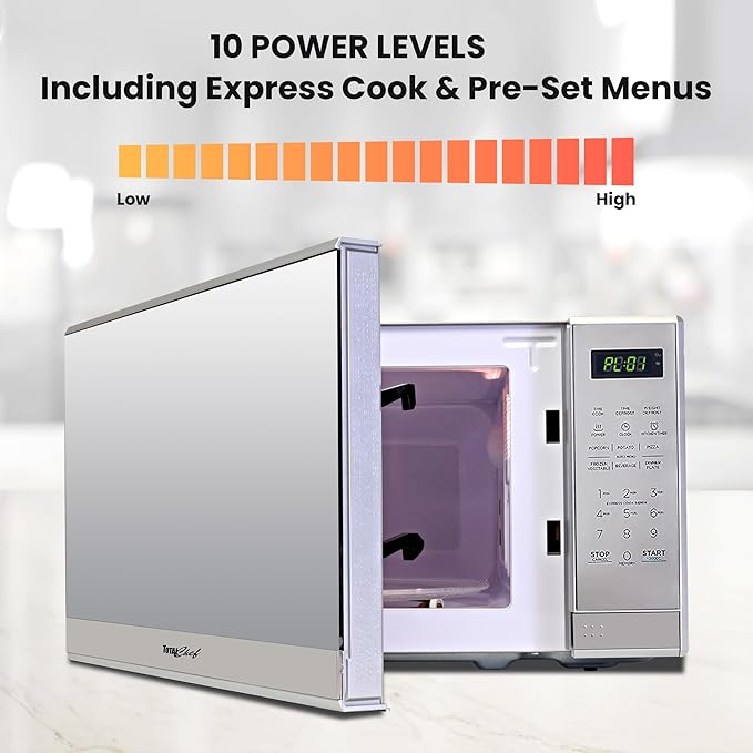 Total Chef 0.7 Cu Ft Microwave Oven - Stainless Steel Compact Style Microondas, Smart Countertop Kitchen Appliance With Digital Touch Use, Pre-Set Function, 10" Turntable, Easy To Use Horno, 700 watt