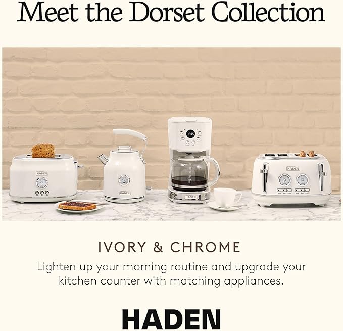 Haden Dorset 1.7 Liter Stainless Steel Electric Kettle, Hot Water Kettle with 360-Degree Base and Auto Shutoff, Ivory & Chrome