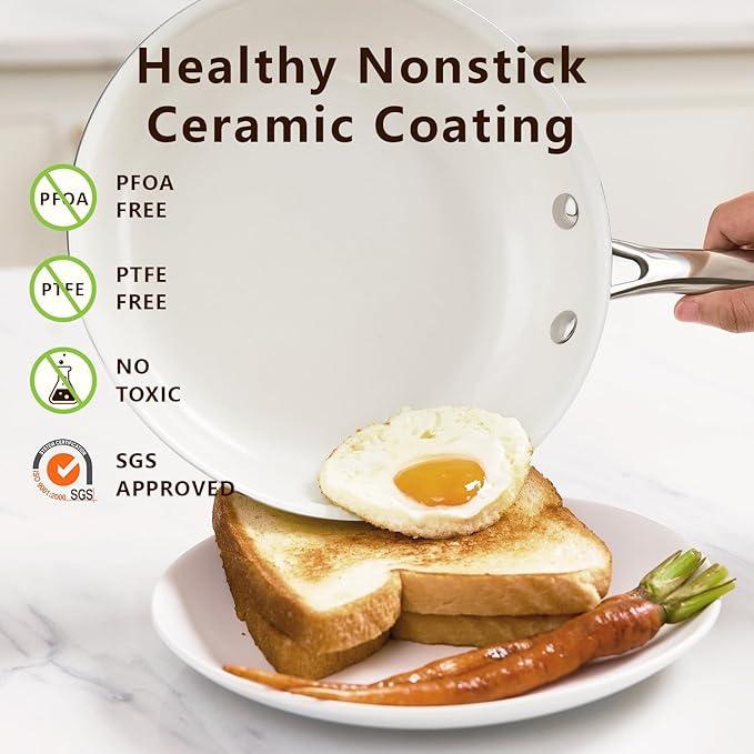 8" Tri-Ply Stainless Steel Frying Pan, Nonstick Ceramic Pan, Skillet with Stay-Cool Handle, Non Toxic, PFAS PFOA PTFE Free, Dishwasher & Oven Safe, Induction, Compatible with All Cooktops