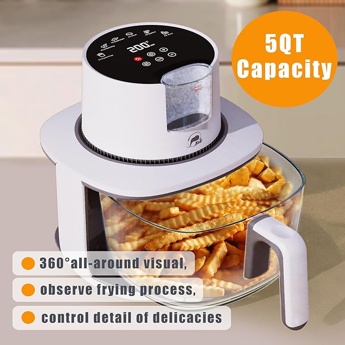 X&E 6-in-1 Glass Air Fryer,5QT Large Capacity, Up to 400°F High Heat,Food-Grade Borosilicate Glass,Easy-Clean Nonstick Basket, Smart Timer & Presets,Healthier, Less Oil Cooking