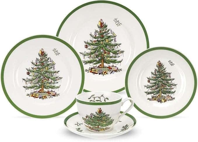Spode Christmas Tree 5-Piece Holiday Dinnerware Set - Festive Earthenware Tableware Collection with Plates, Teacups, Saucers - Microwave, Dishwasher Safe - Christmas Dinnerware & Holiday Tableware