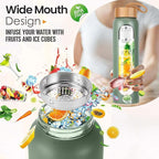 Aqulea Glass Water Bottles 25 Oz with Silicone Sleeve - BPA Free Reusable Wide Mouth Glass Motivational Water Bottles with Fruit Infuser – Leak Proof Borosilicate Water Bottle with Time Marker (Green)