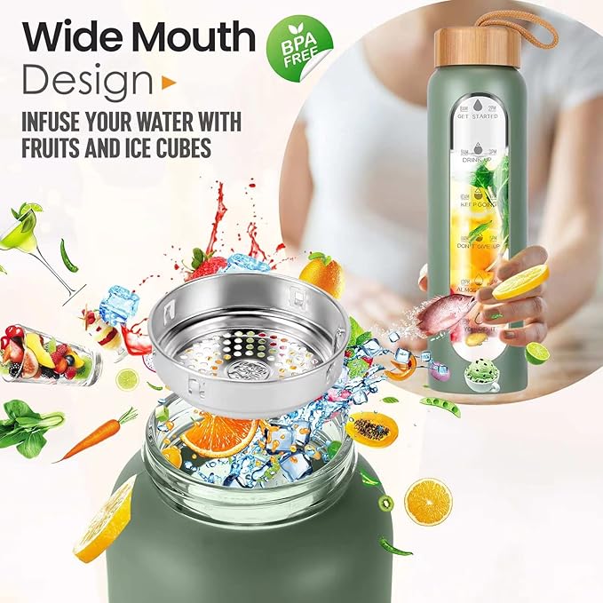 Aqulea Glass Water Bottles 32 Oz with Silicone Sleeve - BPA Free Reusable Wide Mouth Glass Motivational Water Bottles with Fruit Infuser – Leak Proof Borosilicate Water Bottle with Time Marker (Green)