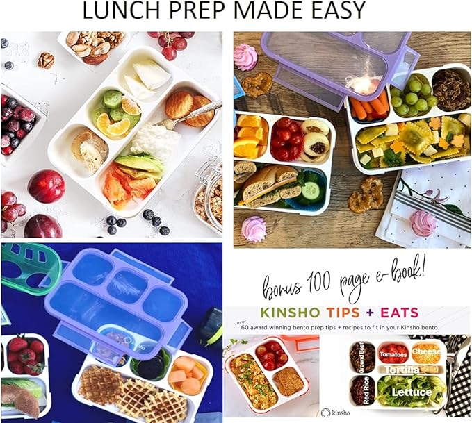 Bento-Box with Lunch Bag and Ice Pack Set. Containers for Kids Girls Adults Snacks and Lunches. 4 Compartments, Leak-proof Portion Container Boxes Insulated Bags for School, Purple