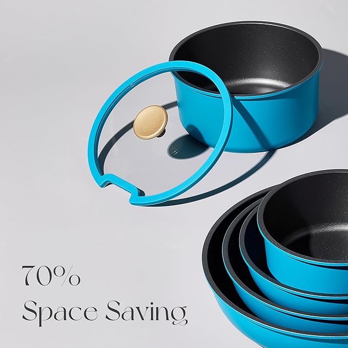 CAROTE 20pcs Pots and Pans Set, Nonstick Cookware Set Detachable Handle, Induction Kitchen Cookware Sets Non Stick with Removable Handle, RV Cookware Set, Peacock Blue