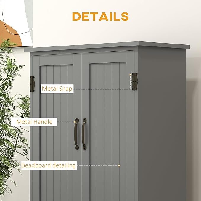 HOMCOM 48.5" Kitchen Pantry Cabinet with 2 Adjustable Shelves and 4 Beadboard Doors, Compact Farmhouse Kitchen Storage Cabinet for Dining Room, Gray