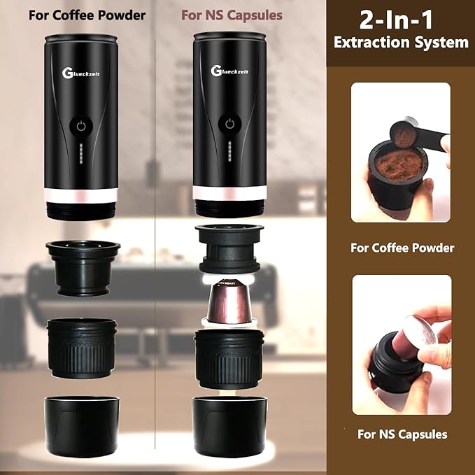 Black Fast 3-Minute Portable Espresso Maker - Self-Heating Rich Espresso Anywhere with Included Travel Case Works with Capsules & Ground Coffee - Includes Travel Case Perfect for Travel, Camping