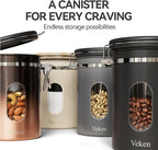 Coffee Canister Set 16 + 22 + 38 oz with Window, Airtight Stainless Steel Kitchen Food Storage Container with Date Tracker and Scoop for Grounds Coffee, Beans, Tea, Flour, Cereal, Sugar, Black
