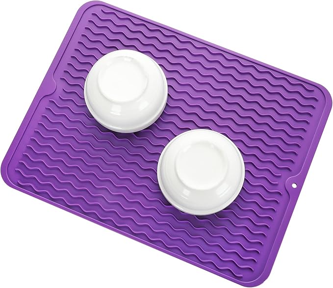 Silicone Dish Drying Mat for Multiple Usage,Easy clean,Eco-friendly,Heat-resistant Silicone Mat for Kitchen Counter or Sink,Refrigerator or drawer liner Purple L 16 inches x 12 inches