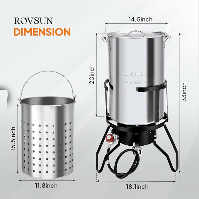 ROVSUN 50QT Turkey Fryer with Stainless Steel Boiler Steamer Basket & 54,000BTU Propane Burner, Outdoor Gas Deep Fryer & Seafood Crawfish Boil Pot Set with High Pressure Propane Regulator and Hose