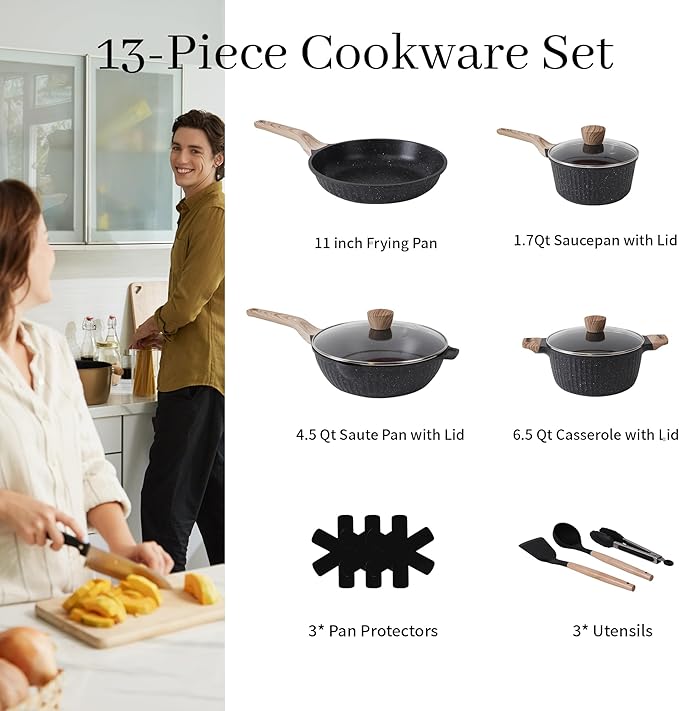 Pots and Pans Set Non Stick, 13Pcs Kitchen Cookware Sets, Granite Stone Induction Cookware Non Stick Cooking Set w/Frying Pans, Saucepans, Sauté Pan (PFOA Free), Black