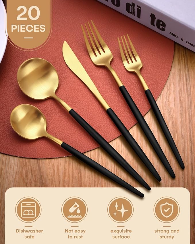 Silverware Set,Ollex 20 Pieces Black and Gold Flatware Set for 4,Modern Matte Cutlery Set with Dinner Knives Forks Spoons Stainless Steel Utensil Set,Satin Finish&Dishwasher Safe
