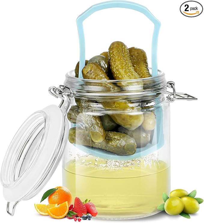 2 Pack Glass Pickle Jar with Strainer, 25oz Pickle Container With Pickle Holder Keeper Lifter, Pickle Storage Flip Jar with Leak Proof Airtight Lid for Olives, Gherkins, Sliced Pickles