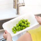 BLUE GINKGO Over the Sink Colander Strainer Basket - Wash Vegetables and Fruits, Drain Cooked Pasta and Dry Dishes - Extendable - New Home Kitchen Essentials (7.9 W x 14.5-19.5 L x 2.75 H) - White