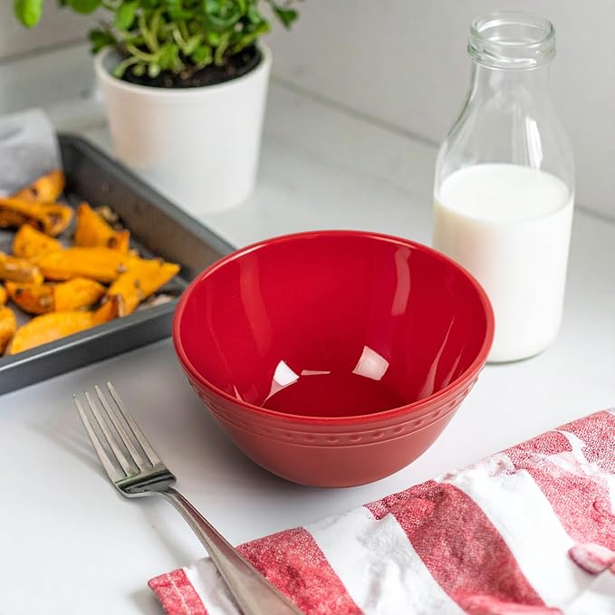 Melamine Beaded Cereal Bowls Set Red, 6 inch, 24oz All purpose/Soup/Salad Bowls Set of 6, Unbreakable Durable, Dishwasher Safe, BPA Free - Perfect for Soups, Salads, Cereal & Entertaining
