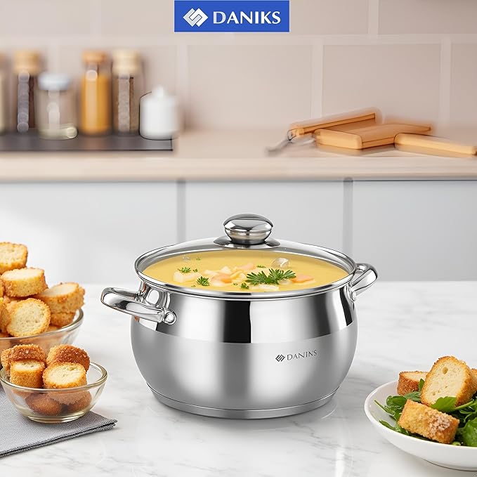 Daniks Classic 3 Quart Stainless Steel Stock Pot with Glass Lid, Tri-Ply Bottom for Even Heating, Induction Compatible, Dishwasher Safe