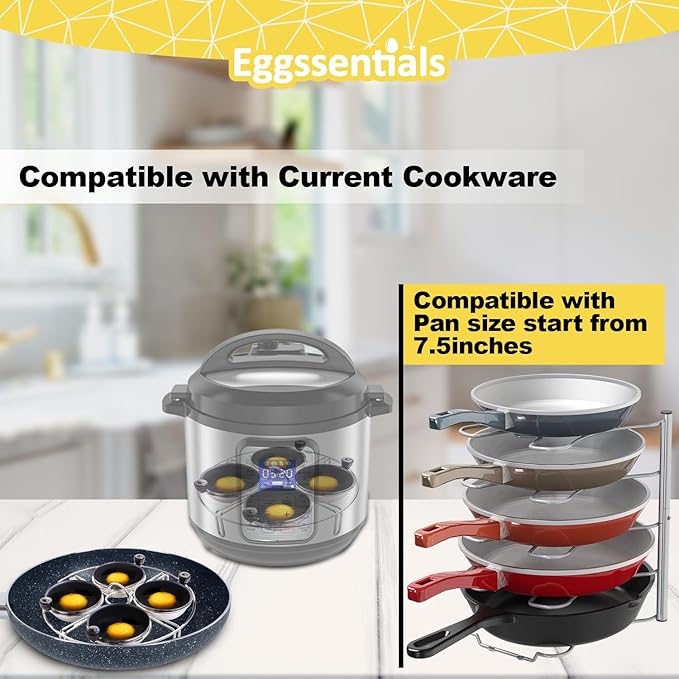 Eggssentials Egg Poacher Insert Stainless Steel Poached Egg Cooker Eggs Poaching Cup PFOA Free Egg Poachers Nonstick, 7.25" Rack Compatible with Current Cookware, Skillets & Instant Pots