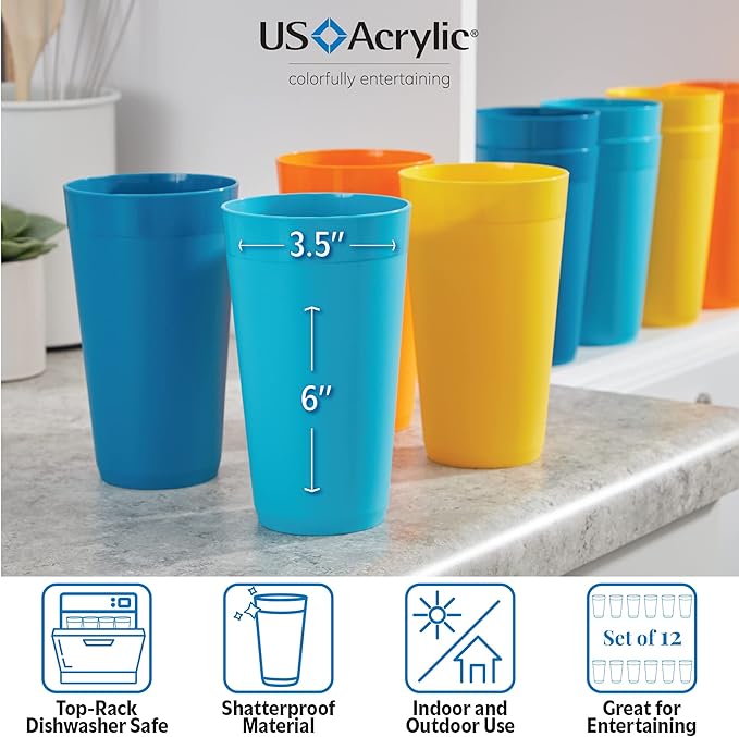 US Acrylic Newport 20 ounce Unbreakable Plastic Stackable Water Tumblers in 4 Sunrise Colors | Set of 12 Drinking Cups | Reusable, BPA-free, Made in the USA, Top-rack Dishwasher and Microwave Safe
