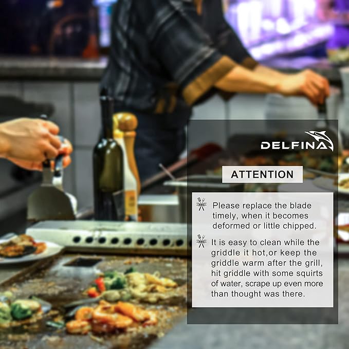 DELFINA Grill Scraper W/ 5 Blades, Heavy Duty Rust Flat Top Grill Accessories with Blade Replacements, Commercial Griddle Scraper Barbecue Grill Cleaning Tool for Restaurants, Bars, Diners