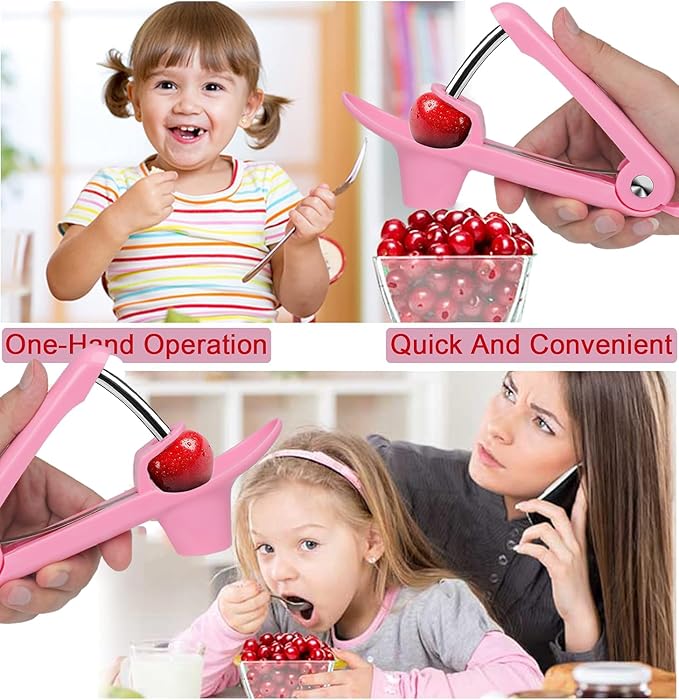 Cherry Pitter Tool, Cherry Stone Remover, Cherry Corer, Pink, ABS Plastic & Stainless Steel Handle