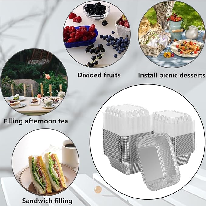200 Pack 1 lb Rectangular Disposable Aluminum Foil Pan 16 oz Take Out Food Containers with Clear Plastic Dome Lids, for Catering, Baking, Roasting Food