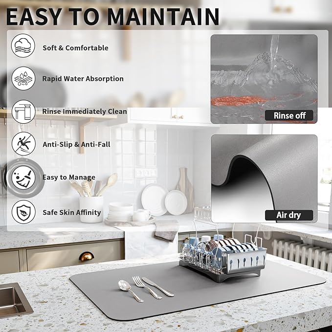Dish Drying Mat for Kitchen Counter, Heat Resistant Drainer Mats with Non-slip Rubber Backed, Hide Stain Kitchen Super Absorbent Draining Mat, Easy to Clean Dish Rack Pad, Grey 18"x32"