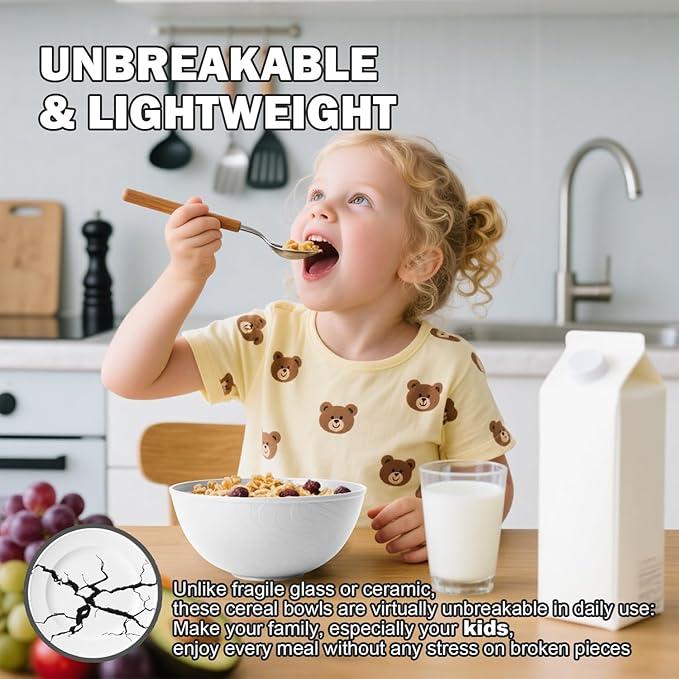 Wheat Straw Cereal Bowls 40 OZ, Unbreakable Bowls Set of 6, Microwave & Dishwasher Safe Bowl for Kitchen, Reusable Plastic Bowl for Cereal, Soup, Salad and Ramen, White