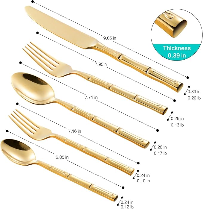 Silverware Set Gold Flatware Set Stainless Steel Bamboo Handle Cutlery Set Mirror Polished 60 Pieces for Home Kitchen Restaurant Hotel Wedding Housewarming Gift Service for 12