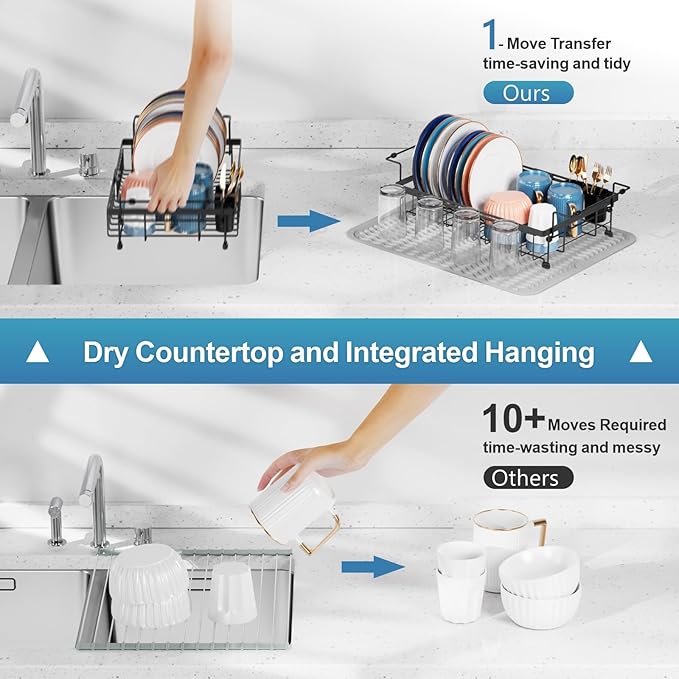 iSPECLE Expandable in Sink Dish Drying Rack with Mat - Adjustable Capacity Over The Sink Dish Drainer Drying Rack with Utensil Holder, 12.4"-17.1" L x 12" W, Black