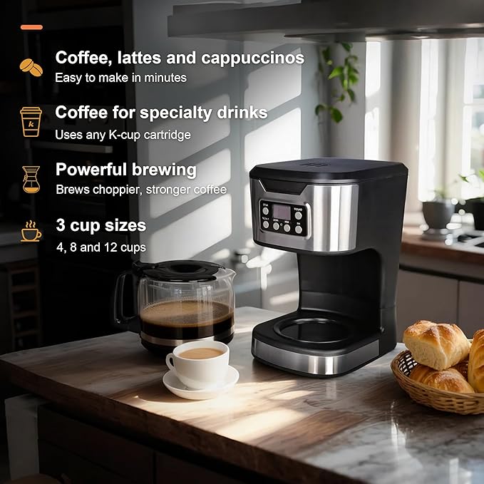 Programmable Coffee Maker 12 Cup Brew & Drip coffee machine, Fully Automatic, 1-4 Cup Setting, Stainless Steel, Keep- Warm Function, Household, Home and Office