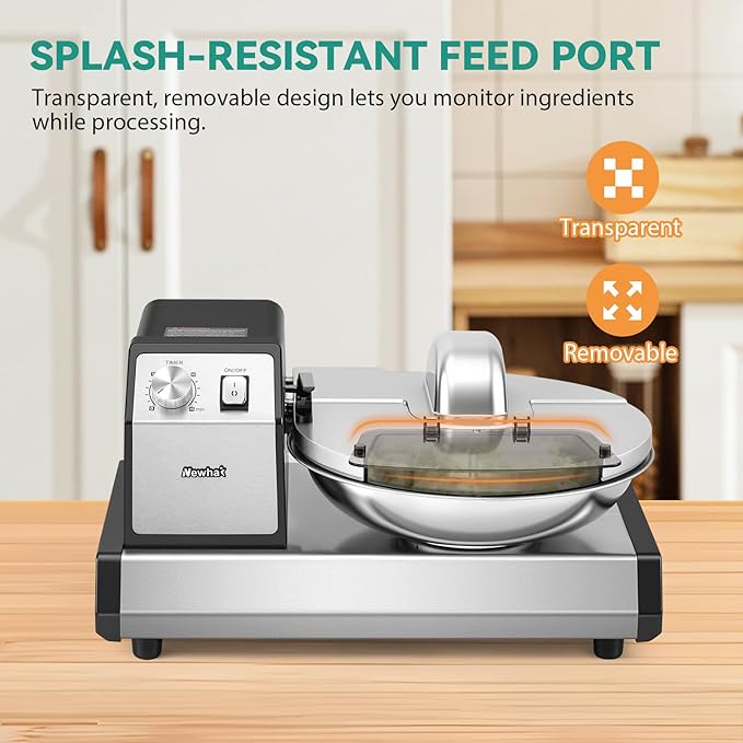 Newhai Commercial Food Processor, 5QT Vegetable Chopper Meat Grinder Mincer, Heavy Duty Electric Veggie Mincer, Stainless Steel Removable Bowl 1-15 Timer 250W 110volt Home&Restaurant