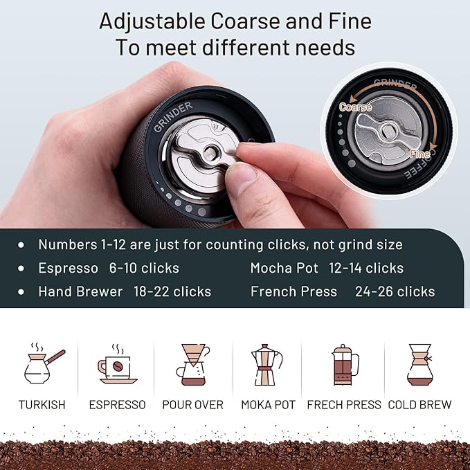 T-mark Manual Coffee Grinder, Portable Adjustable Coffee Grinder 6-Cell CNC Stainless Steel Conical Burr Grinder for Travel Home