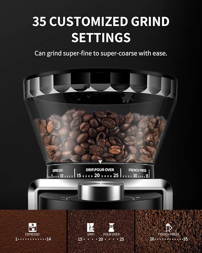 Conical Burr Coffee Grinder, Electric Coffee Bean Grinder for Precise Grinding, 35 Settings, 2–12 Cup Selector, Anti-Static Design for Home Use, Black