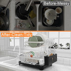 Dish Drying Rack - 2-Tier 304 Stainless Steel Dish Rack for Kitchen Counter, Adjustable Spout Auto-Draining Dish Rack, Kitchen Organizers and Storage Rack with Drainboard and Cutlery Holder Black