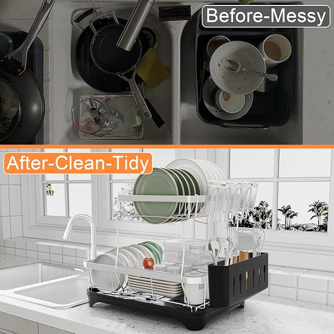 Dish Drying Rack - 2-Tier 304 Stainless Steel Dish Rack for Kitchen Counter, Adjustable Spout Auto-Draining Dish Rack, Kitchen Organizers and Storage Rack with Drainboard and Cutlery Holder Black