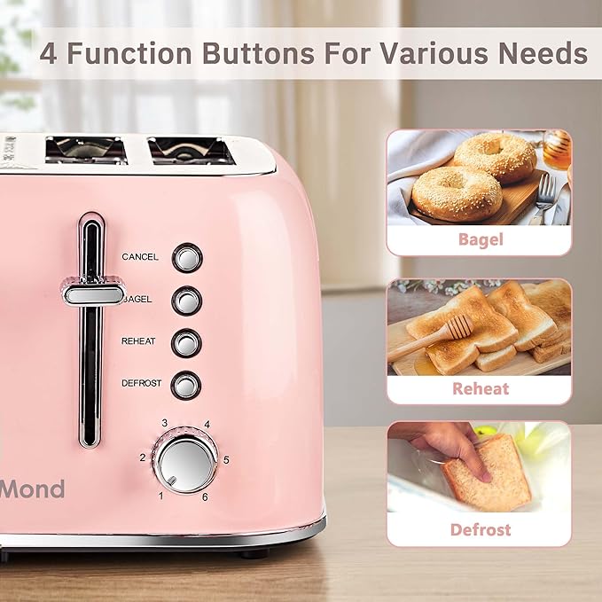 Roter Mond Toaster 4 Slice Retro Stainless Steel with Extra Wide Slots Bagel, Defrost, Reheat Function, Dual Independent Control Panel, Removable Crumb Tray, 6 Browning Levels, Pink