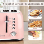 Roter Mond Toaster 4 Slice Retro Stainless Steel with Extra Wide Slots Bagel, Defrost, Reheat Function, Dual Independent Control Panel, Removable Crumb Tray, 6 Browning Levels, Pink