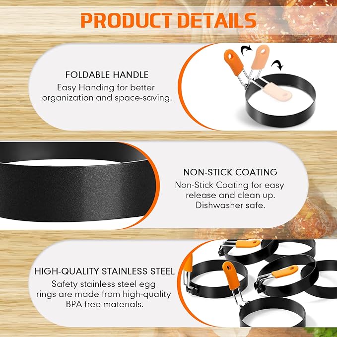 Patelai 4 Pcs Professional Egg Ring Pancake Ring Set Stainless Steel Fried Egg Griddle Pancake Shapers with Orange Silicone Handle for Breakfast Omelette Sandwich (4 Inch)