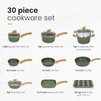 Kitchen Academy Pots and Pans Set Nonstick, 30 Pieces Induction Kitchen Cookware and Bakeware Sets, Green Granite Coating Cooking Pans Set