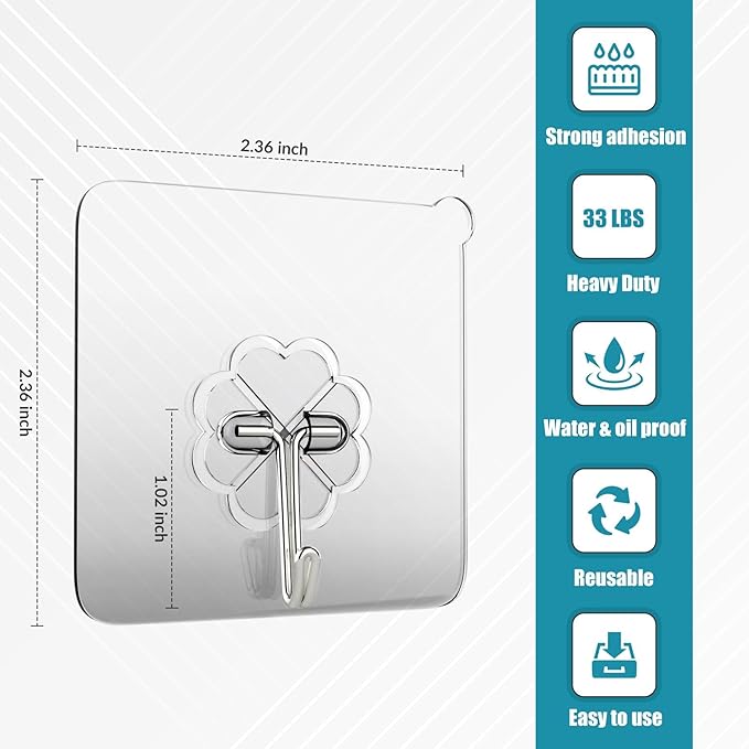 Wall Hooks 33lb(MAX) Heavy Duty Self Adhesive Hooks 10 Pack,Waterproof and Oilproof,Transparent Seamless Hooks Strong,Suitable for Bathroom Kitchen