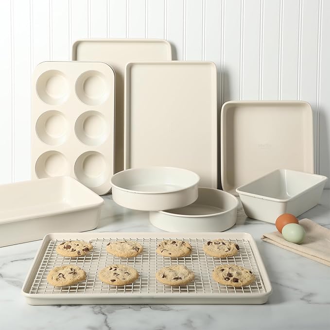 Martha Stewart Gallen 10 Piece Baking Pans Ceramic PFA Free Non Toxic Non Stick Bakeware Set - Linen White