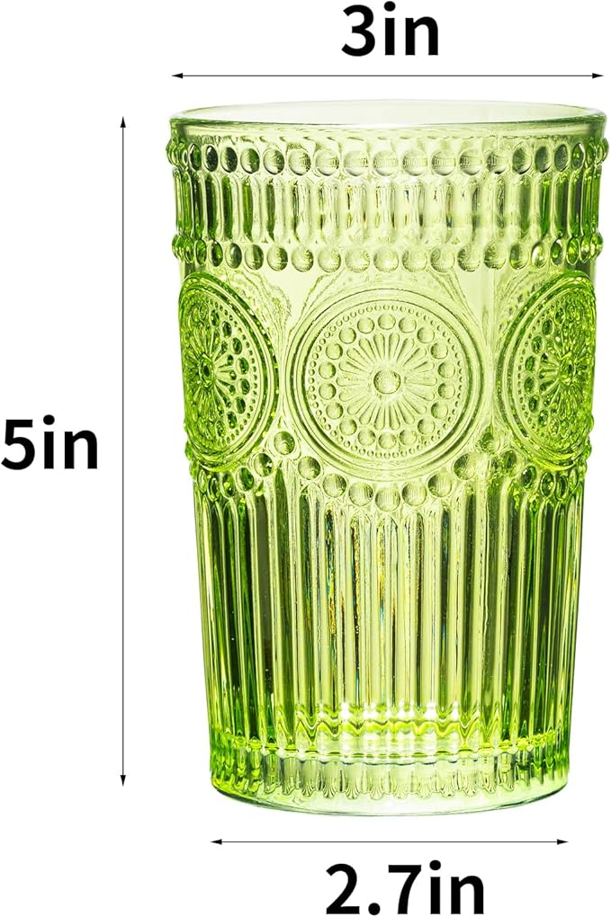 Vintage Textured Green Striped Drinking Glasses Set of 6, 13 oz Ribbed Glassware with Flower Embossed Design, Romantic Cocktail Set, Juice Glass, Iced Coffee Cup, Colored Water Glasses Tumblers