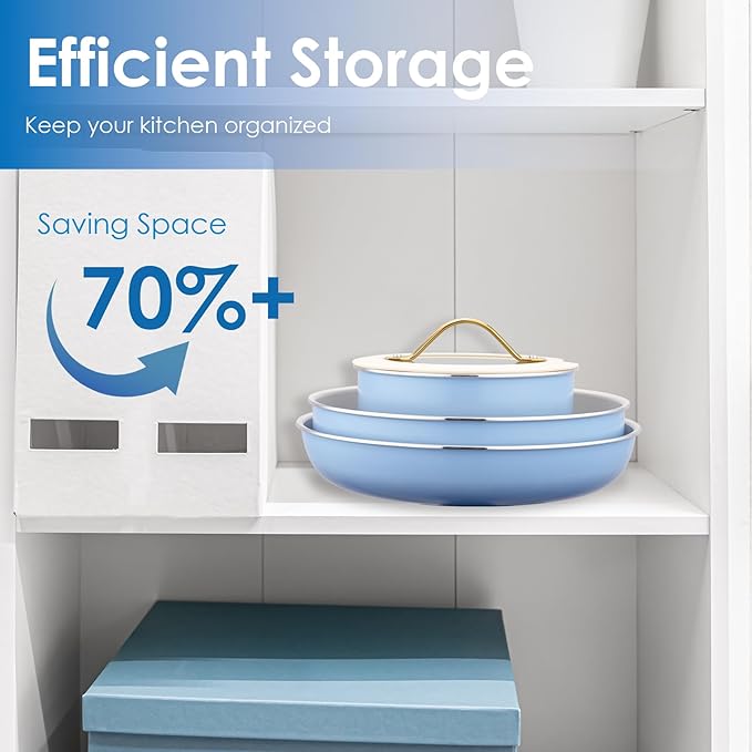 20pcs Ceramic Cookware Set Nonstick, Detachable Handle Pots and Pans Set, Non Toxic,No PFAS & PTFE & PFOA, Dishwasher/Oven Safe, RV Kitchen Set Removable Handle for Cooking, Blue