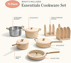 Our Place 11-Piece Essentials Complete Cookware Set - Ceramic Fry Pan, Saucepan, Sauté Pan, Stock Pot, Strainer Basket & Rack Storage | Thermakind™ Nonstick, Oven Safe up to 450°F | Cream